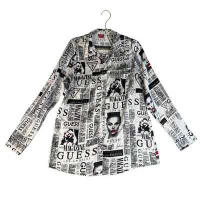 Camisa Blusa Top Para Mujer GUESS Los Angeles Magazine Estampado Abotonable 670 Foto 1 de 4