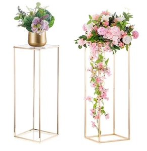 Gold Flower Stand Wedding Centrepieces - 2 Pcs Metal Column Vases Tall Stands - Picture 1 of 4