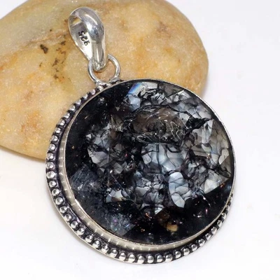 Colgante hecho a mano con piedras preciosas de cristal negro agrietado facetado 1,7" GW Foto 1 de 3