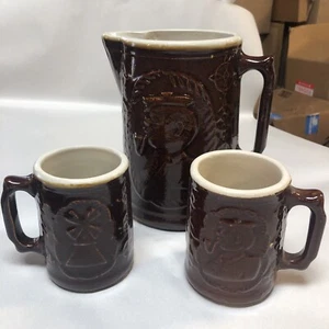 Brown Burley Pitcher With Two Mugs Captain And Windmill - Picture 1 of 14