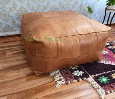 Moroccan Leather Ottoman Footstool Pouffe Boho Unstuffed Square New Brown 30'' - Image 1 of 4