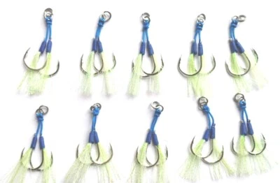 Heavy Duty Slow Pitch Jig Twin Assist Haken leuchtendes Lametta + Split Ring - 2/0-7/0