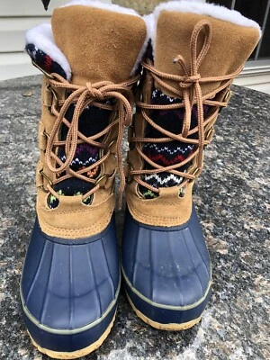 KHOMBU Women's Cozy Duck Boot Size 6 Tan Leather Blue Lace Up Rain Snow Lace Up - Image 1 of 4