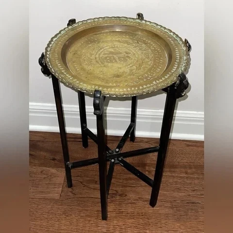 Vintage Asian Engraved Brass Wood Folding Tray Table Cover