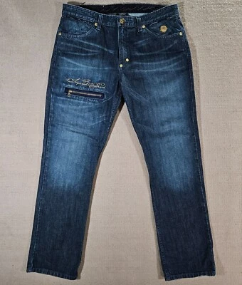 Crown Holder Mens Blue Jeans 38x33 Velvet Embellished Hip Hop Zipper Streetwear - Image 1 of 4