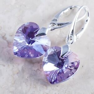 925 STERLING SILVER DANGLE EARRINGS * VIOLET AB * HEART CRYSTALS FROM SWAROVSKI®