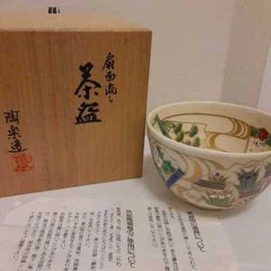 Kyo-yaki gold-colored painting fan-faced sink matcha bowl tea bowl tea utensils  - Picture 1 of 8