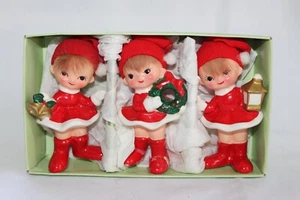 Vintage set of 3 Christmas red gift Girl Figurines made in Japan tree bells - Picture 1 of 11