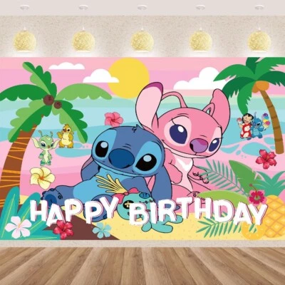 Lilo & Stitch Birthday Party Decoration, 4.9x3.2ft Happy Birthday Backdrop - Image 1 of 4