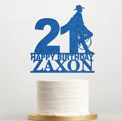 Personalised Cowboy Birthday Cake Topper with Name & Age | Glitter Decor - Image 1 of 4