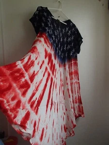 OOAK Hippie Summer Festival DRESS Red Tie Dye Blue White Stars USA Flag 4th July - Picture 1 of 4