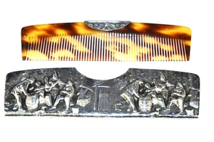 VINTAGE SILVER PLATE HAIR COMB IN ORNATE CASE WITH REPOUSSÉ SCENE DENMARK - Picture 1 of 5