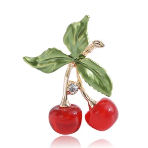 Art Deco Style Enamel Crystal Red Cherry Fruit Brooch Badge Pin Gift - Picture 1 of 8