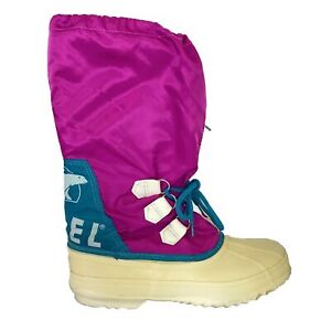 Sorel Size 10 Woman’s Vintage 90s Retro Rubber Pink Blue Wool Insert Snow Boots