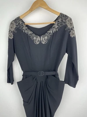 VTG 50s Dress Beaded Draped Wrap Skirt Raglan Sleeves Black Rayon (No Labels - image 1 of 4