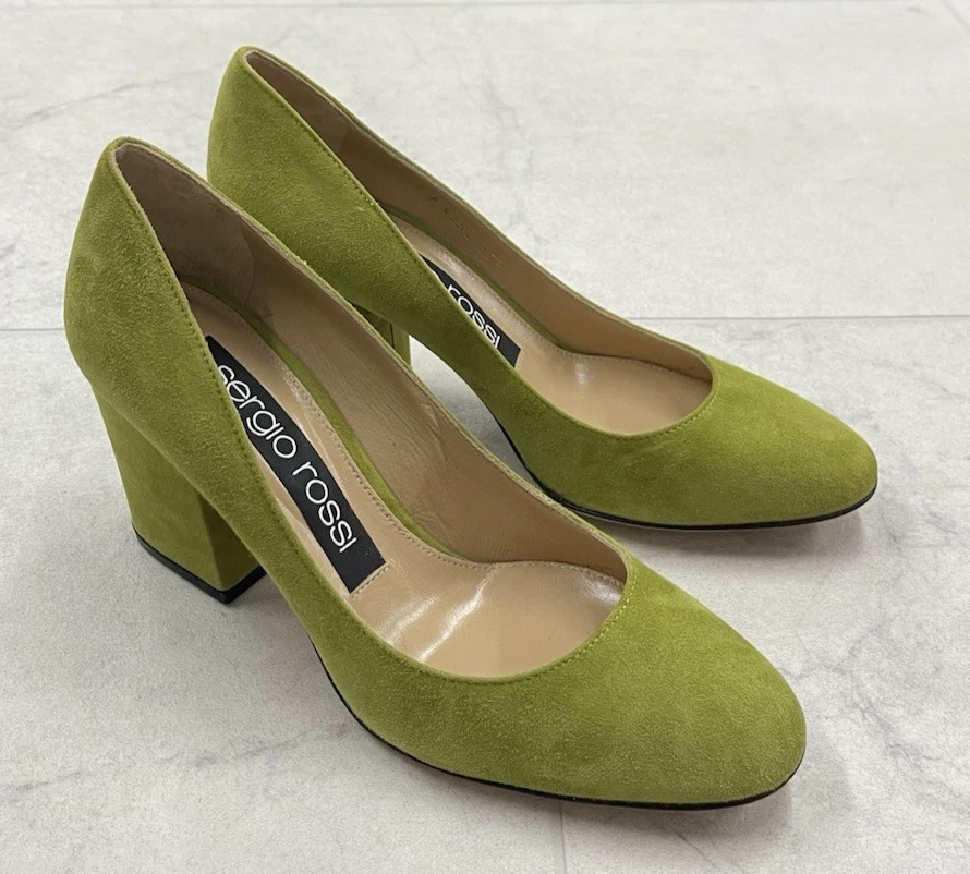 Nuevo en caja Zapatos de salón Sergio Rossi de gamuza con tacón bloqueado en verde real Talla: 35,5 (US 5,5) Foto 1 de 4