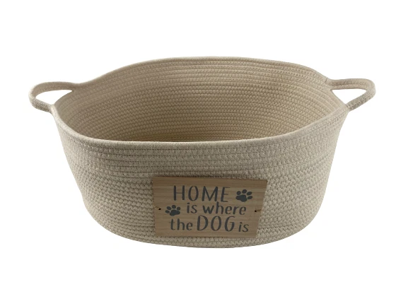 Cesta de cama de cuerda tejida para perro blanca ovalada 20,5x13,5x8,5 "El hogar es donde está el perro" Foto 1 de 4