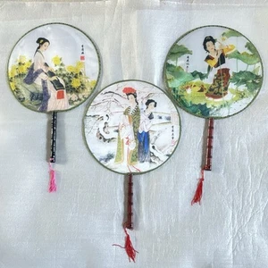 Lot of 3 Japanese Silk like w/bamboo handle paddle fans - Picture 1 of 7