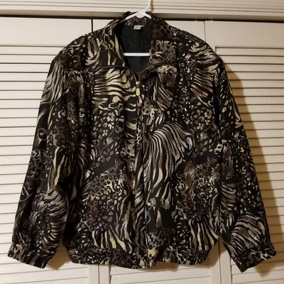 Chaqueta de bombardero vintage Fuda International talla grande estampado animal de seda cremallera Foto 1 de 4