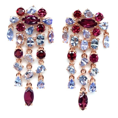 Pendientes de plata de ley 925 rodolita roja púrpura granate y tanzanita azul Foto 1 de 4