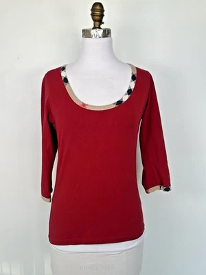 Usado en excelente estado! Top para mujer Burberry Nova Check rojo borgoña algodón talla mediana manga 3/4 Foto 1 de 4