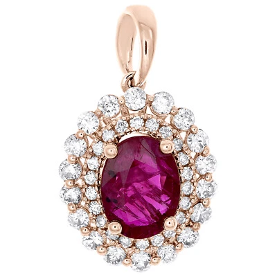 14K Rose Gold Oval Natural Ruby & Diamond Pendant 0.80" Halo Fancy Charm 1/2 CT - Image 1 of 4