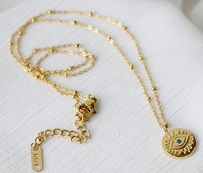 Women Girl Titanium Stainless Steel CZ Evil Eye Gold Coin Chain Necklace 16-18" - Image 1 of 4
