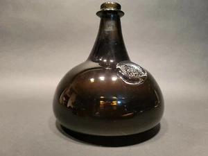 8" Antique Vintage Style Black Glass Blown Onion Wine Bottle Green - Picture 1 of 12