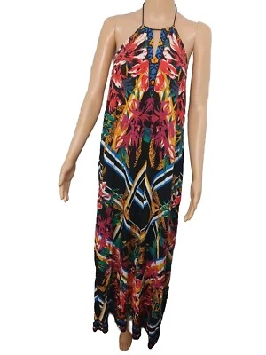 Maxi Vestido Flying Tomato Talla L Mujer Negro Floral Halter Borlas Ojo de Cerradura  Foto 1 de 4