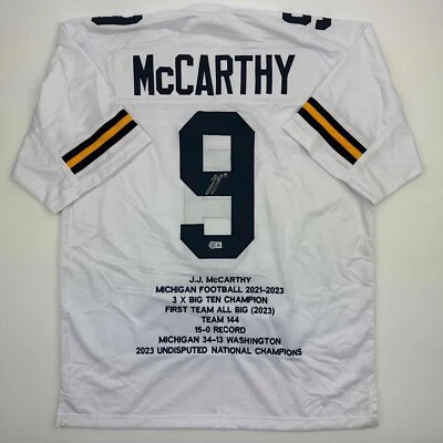 Autographed/Signed J.J. JJ McCarthy Michigan White Stat Jersey Beckett BAS COA - Image 1 of 4