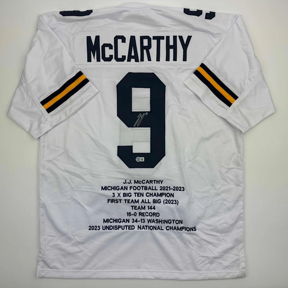 Autographed/Signed J.J. JJ McCarthy Michigan White Stat Jersey Beckett BAS COA - Image 1 of 4