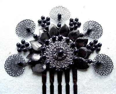 Spanish mantilla style hair comb with black filigree beads hair accessory - Image 1 of 4