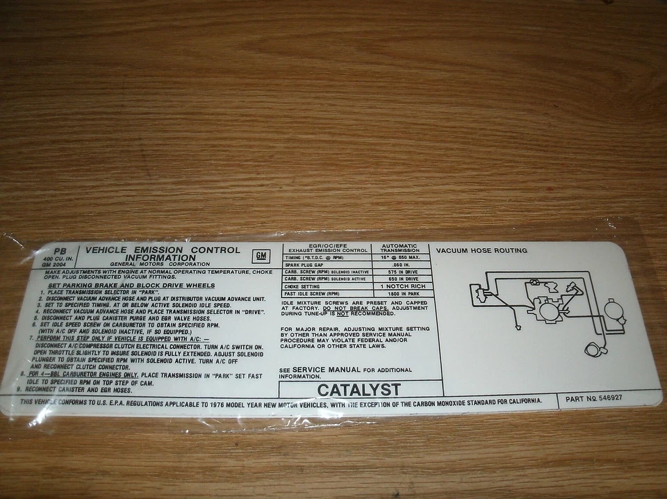 1976 PONTIAC FIREBIRD GRAND AM PRIX LEMANS SAFARI 400 ENG EMISSIONS DECAL AUTO - Image 1 of 1