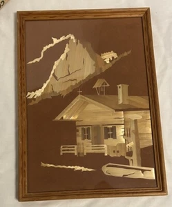 Vintage Austrian Alps Cabin Chalet Straw Wood on Fabric Framed 9" x 12.5" - Picture 1 of 6