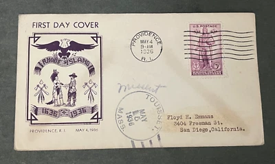 1936 RHODE ISLAND FDC MISSENT TOUISSET MA CANCELS FRONT & BACK ! BRISTOL DPO !! - Image 1 of 2