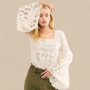FREE PEOPLE INTIMATELY Dreams Like These Eyelet Flared Bell Sleeve Bodysuit Sz M - Picture 1 of 14