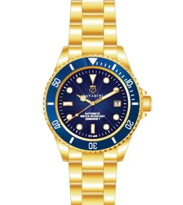 Diver's CAVADINI Automatic Men's Watch 30 BAR Steel Gold Plated Magnifier Blue - Image 1 of 2