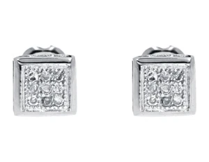 10k White Gold Mens Ladies Pave Diamond Square Bezel 5mm Studs Earrings 1/10 ct - Picture 1 of 4