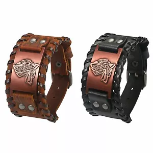 Men Retro Punk Wide Leather Bracelet Wolf Head Celtic Pagan Adjustable Cuff Belt - Picture 1 of 15