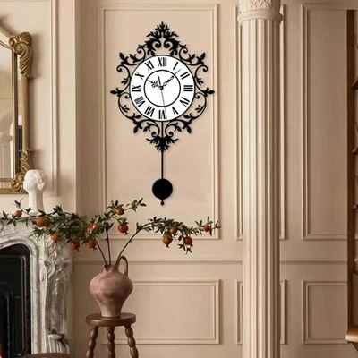 Pendulum Wall Clock Roman Numerals Wall Art Decor Gift Silent for Bedroom Dining - Image 1 of 4