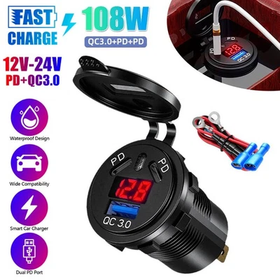 Car Cigarette Lighter Dual USB+PD Port Charger Adapter Socket Splitter 12-24V - Image 1 of 4