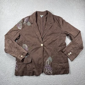 J Jill Blazer Jacket Womens XL Embroidered One Button Brown Neutral Lagenlook - Picture 1 of 14