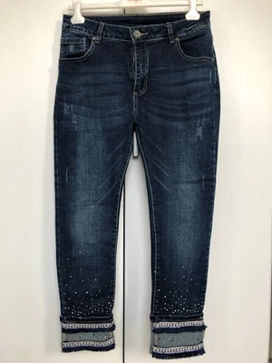 Damen Jeanshose Gr 42 Ripped Strasssteine Nieten Pailletten Fransen Stretch Deni - Bild 1 von 4