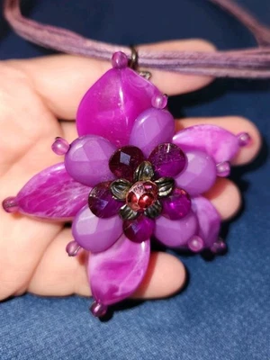 N Purple And Pink Acrylic Large Flower String Necklace  W Rhinestones  - Image 1 of 4