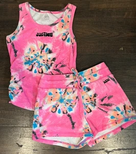 Girls Justice Pink Tie Dye Sleeveless Tank Top Shorts Outfit Set L Large 12 14 - Picture 1 of 7