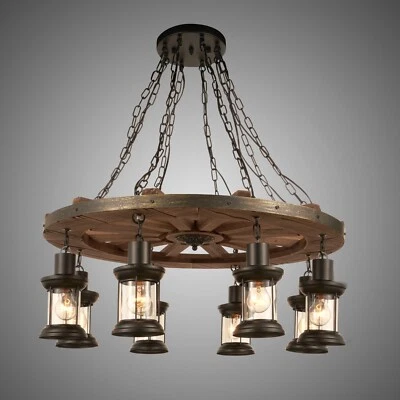 8-Lights Wagon Wheel Chandelier 31.5 in Wooden Industrial Pendant Lamp Fixtures - Image 1 of 4