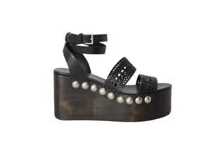 Alaia Wedge Laser Cut Out Sandals Womens 38 8 Brown Black Leather Studs Platform - Picture 1 of 16
