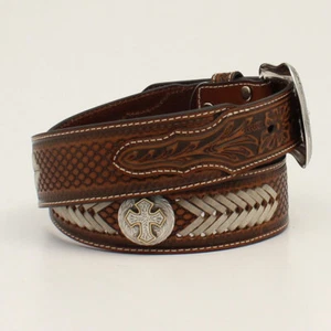 RAWHIDE Leather & CROSS CONCHOS ~MAN'S WESTERN BELT~ Silver Buckle Cowboy NOCONA - Picture 1 of 3