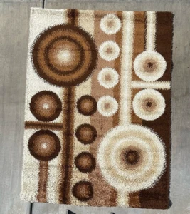 60's DANIA TAEPPER Circles UNUSED Mid Century Modern Danish Rya Rug Brown Beige - Picture 1 of 6