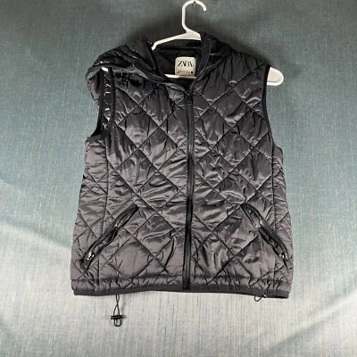 Zara Womens Quilted Vest Black Full Zip Sleeveless Hooded Pockets Size S Nylon - Image 1 of 4